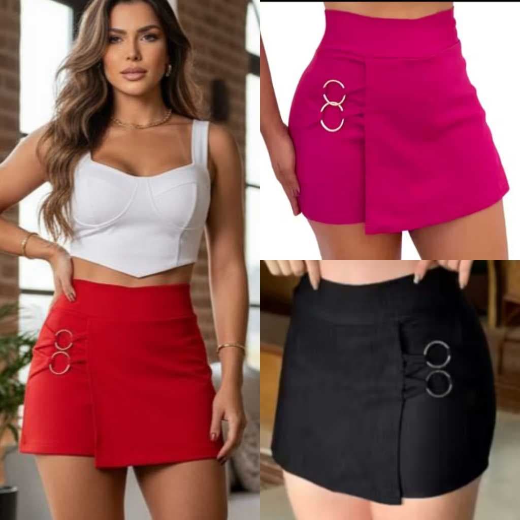 Short saia feminino luxo alfaiataria  cintura alta com dois argola caimento perfeito moda verão