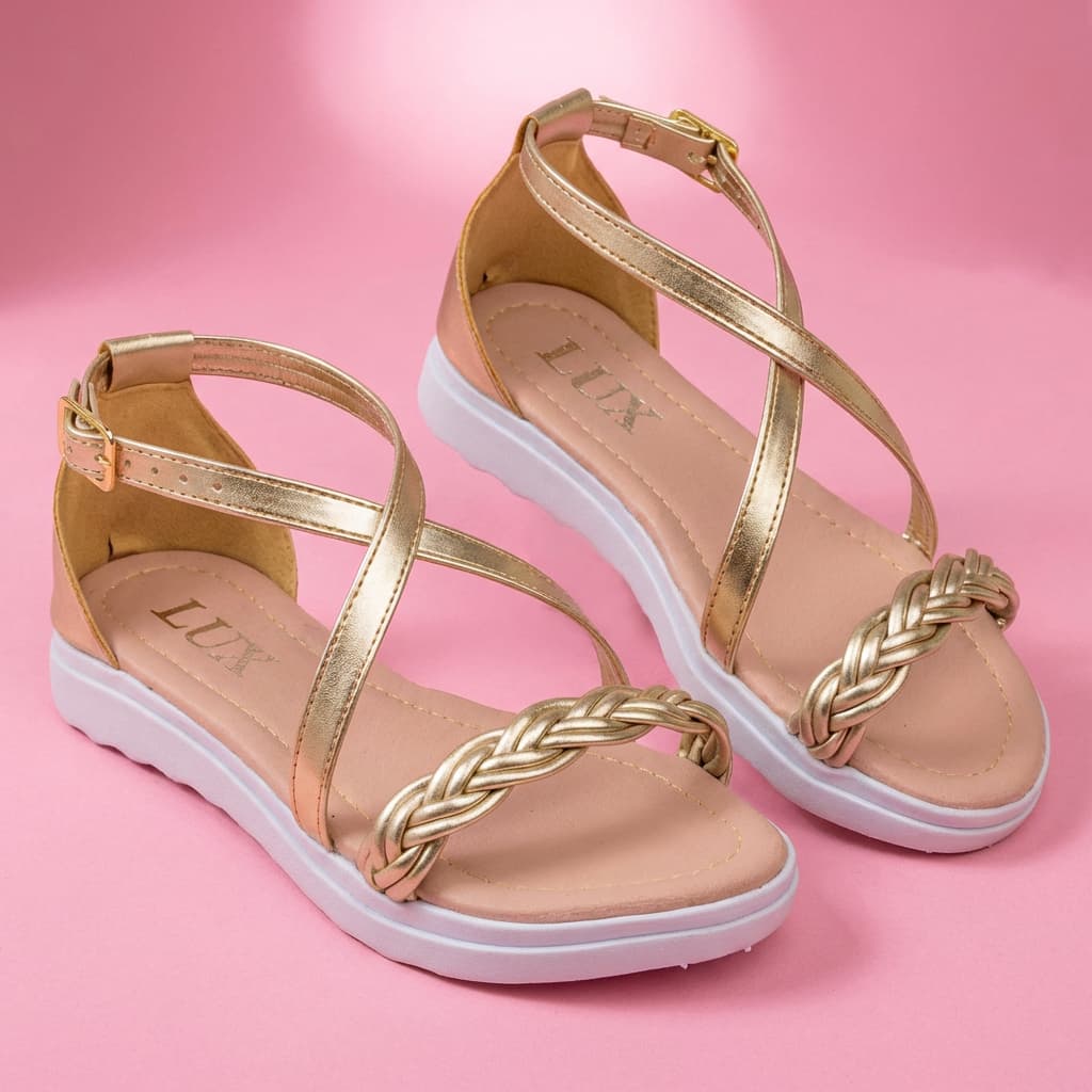 Sandália Infantil Menina Feminina Dourada 28 ao 36 Tranças 6 Fios Ponta e Fivela Confortável Leve