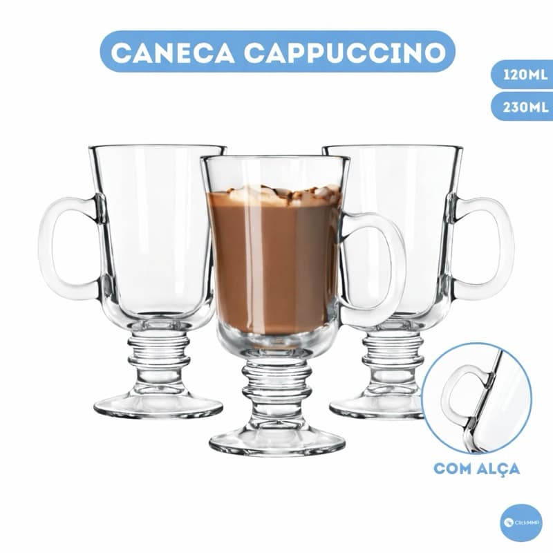 Jogo 3/6un Canecas Real Taças 230ml/120ml Para Capuccino Café Vidro Resistente Cristalino Luxo
