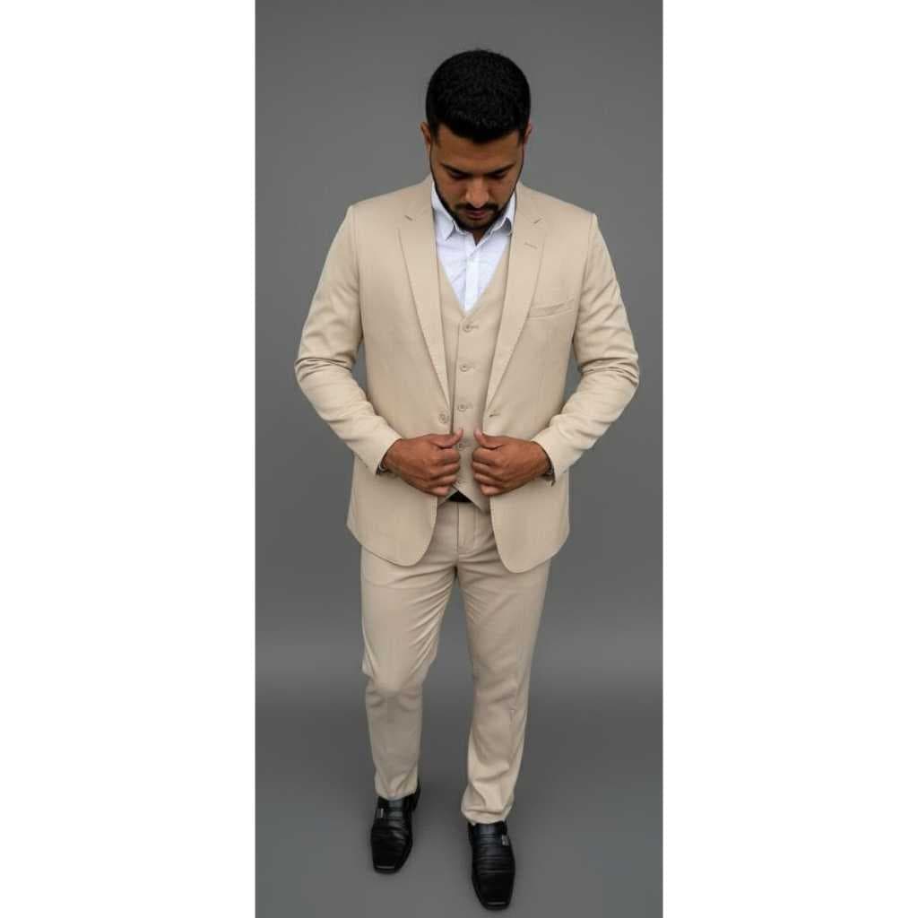 Terno Masculino Bege Com colete - Completo - Microfibra  Premium  2026 Cores Especiais Com Colete