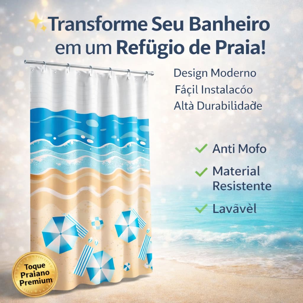 Cortina Box Banheiro com Visor 100% PVC Para Antimofo Com Ganchos Estampada ou Lisa