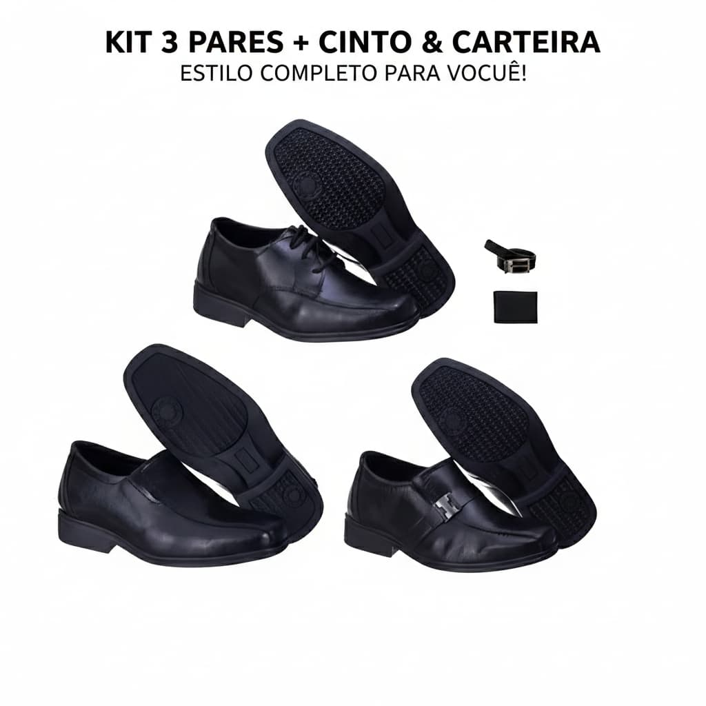 Kit 3 Pares Sapato Social Infantil + Cinto (adulto) + Carteira