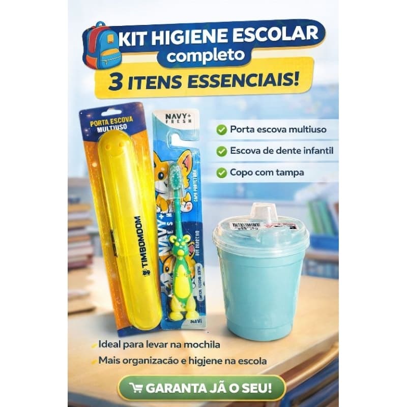Kit Higiene Infantil escolar Completo - Escova de dente + Porta Escova + Copo com Tampa 200ml Ideal para Escola