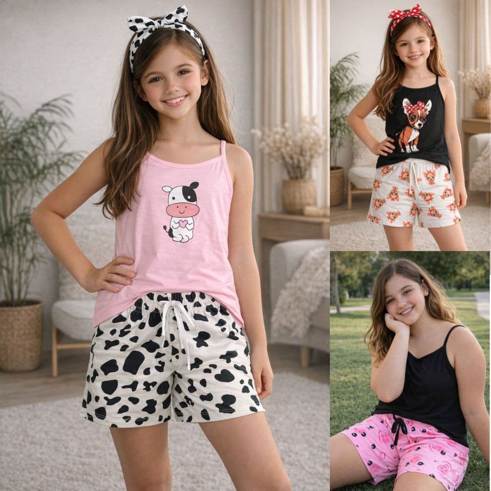 👉 Kit 3 Pijamas Infantil Juvenil Feminino 12 14 16 Sortido Estampado Promoção Envio Rápido