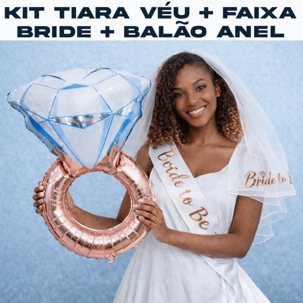 Kit Noiva Véu Noiva Bride To Be + Faixa Bride to Be + Balão Anel Despedida Solteira Noiva Festa Chá