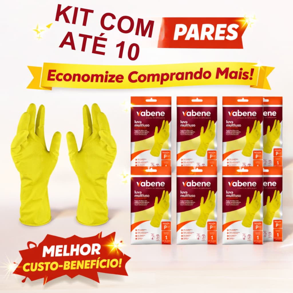 Kit Luva Latex Amarela Multiuso Limpeza Cozinha Borracha Resistente 3/5/10 Pares