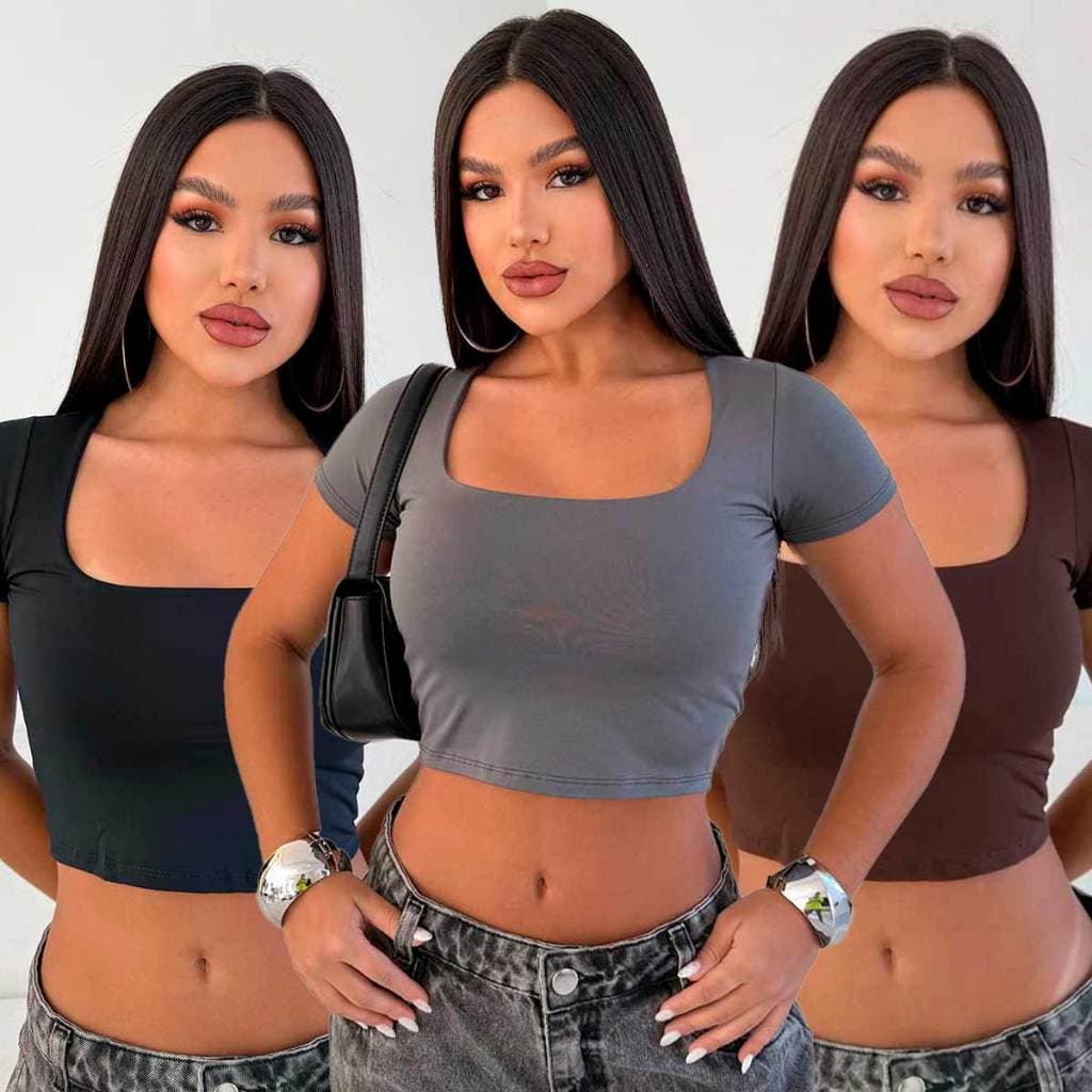 Kit 3 Ou 1 Unidade Cropped Gola Quadrada Decote Feminino Manga Curta Básico Suplex Tamanho Unico