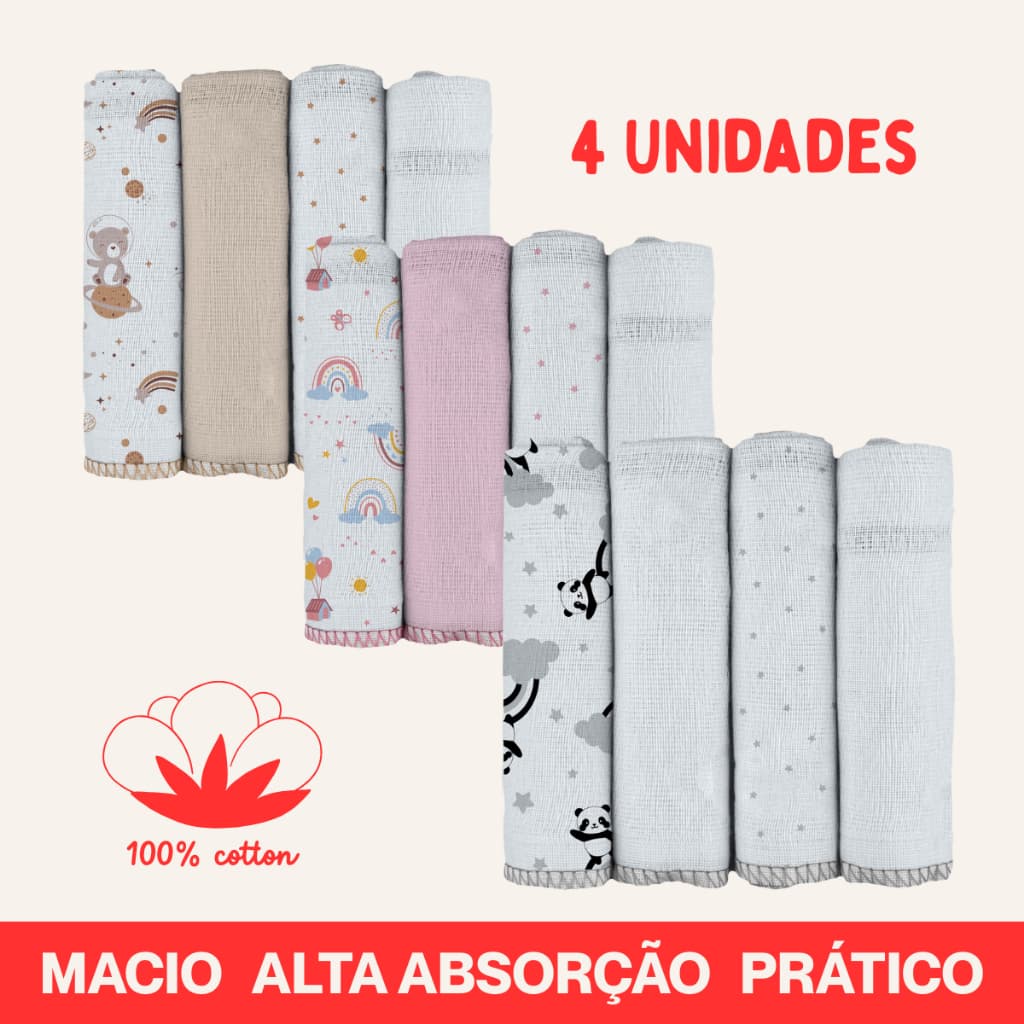 Kit Pano Paninho de Boca 4 unidades 100% Algodão Bublim Incomfral