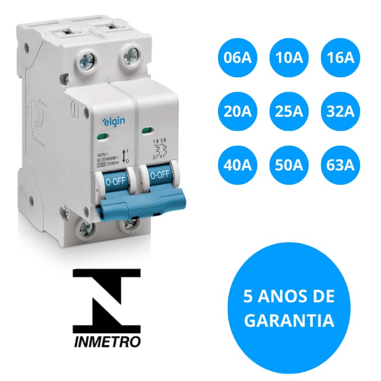 Disjuntor Bipolar 2pólos ELGIN  06A, 10A, 16A, 20A, 25A, 32A, 40A, 50A e 63A - Homologado INMETRO