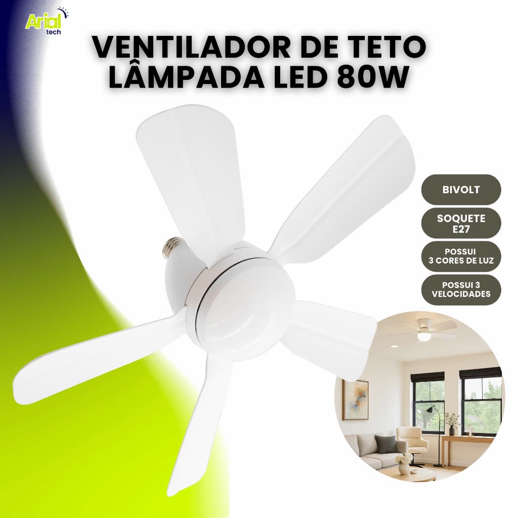 Ventilador Lâmpada de Teto Soquete E27 Com Led Ajustável Bivolt VT02