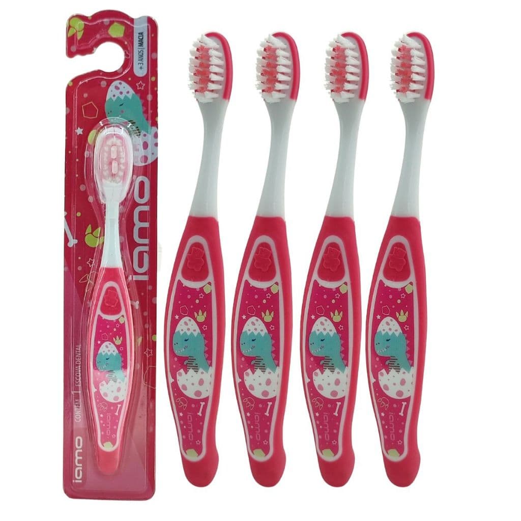Kit 4 Escovas de Dente Infantil Dinossauro Macia Dental Acima de 3 Anos Dino Bailarina Meninas