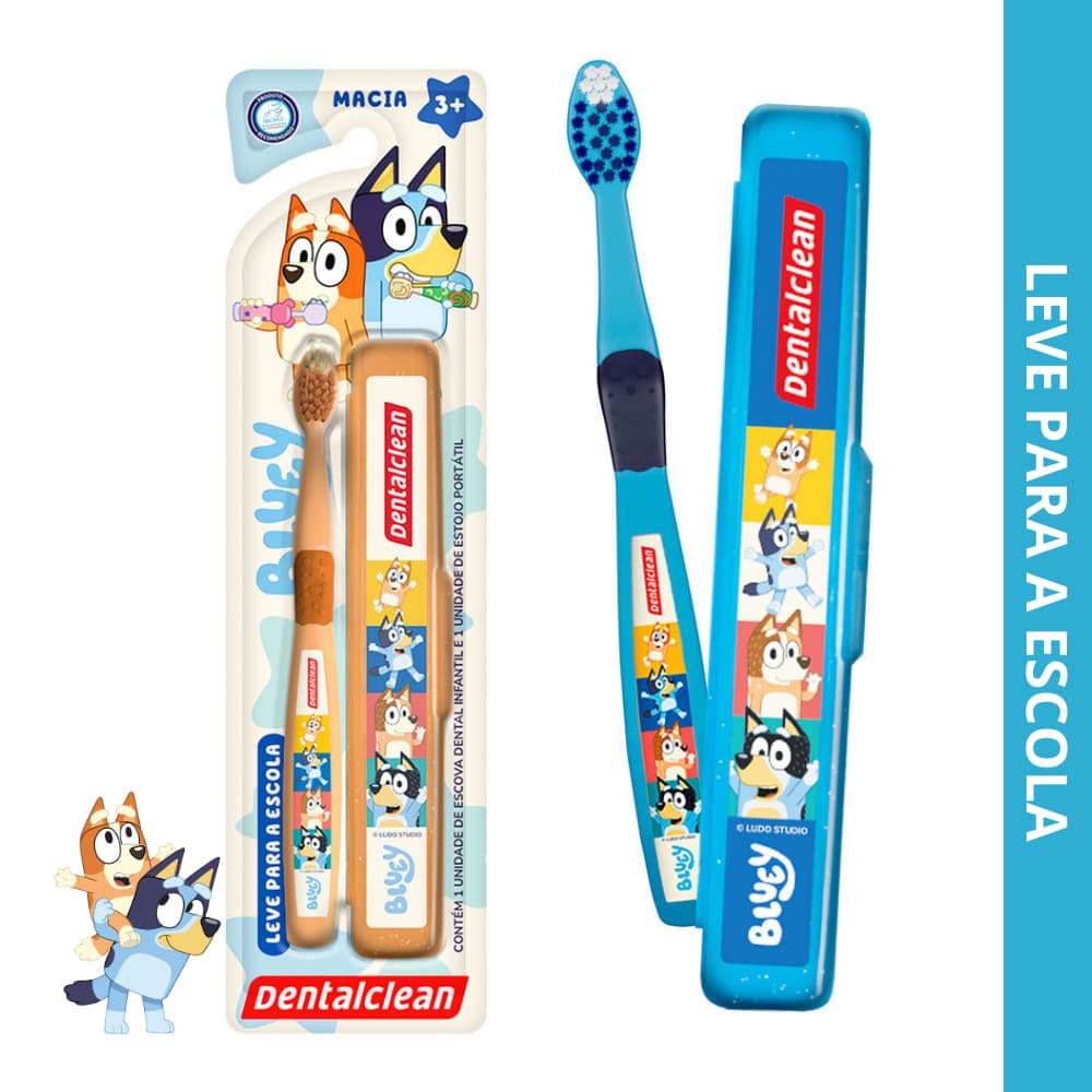 Escova de Dente Infantil Escolar Macia com Case Bluey - Cabo Ergonômico Dentalclean