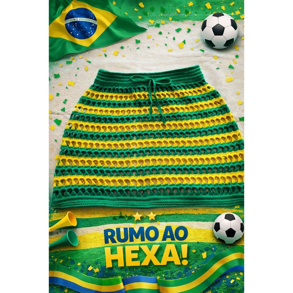 Saia Saída de Praia Curta Tricot para Piscina estilo crochê torcida copa do mundo Brasil futebol