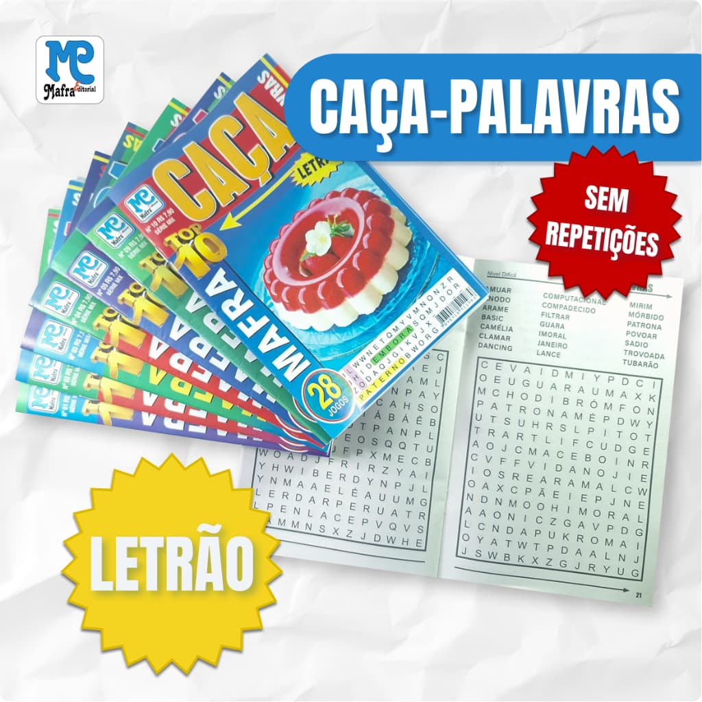 Livros Caça-Palavras Com Letras Grandes Letrão - Kits de 10 até 50 unidades - Sem Repetição