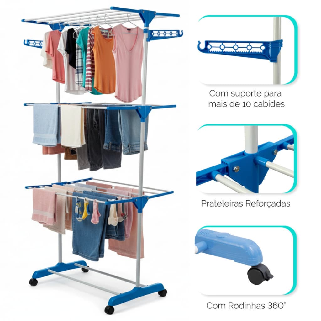 Varal de Chão 3 Andares Dobrável com Rodinhas – Grande Capacidade e Compacto