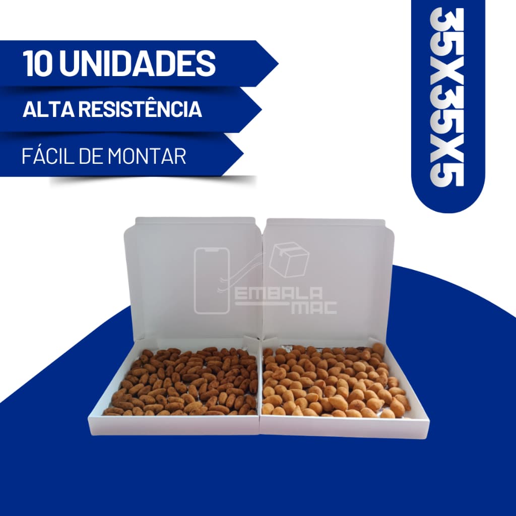 10 Caixas De Papelão 35x35x5 Branco Para Doces Salgados Calzone Esfihas Donuts Pizza Envios