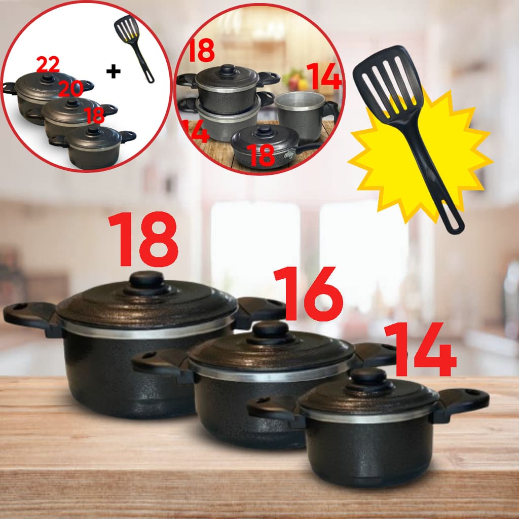 Kit 3 Caçarolas Alumínio Craquelado Granito 14cm 16cm 18cm + Espátula Preta com Tampas