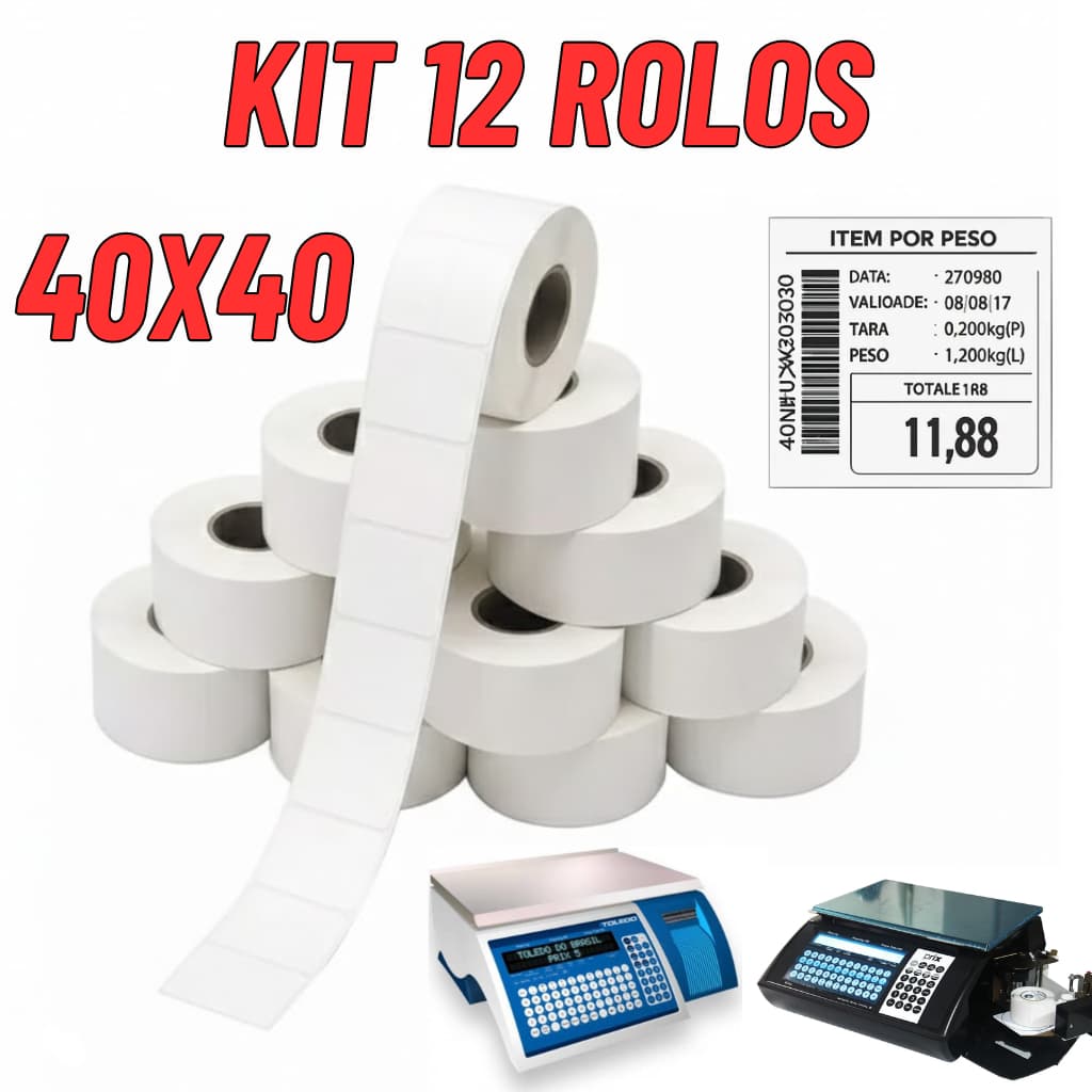 12 Rolos Etiquetas 40x40 Térmica Balança Açougue Mercado Padaria Toledo Filizola Uno