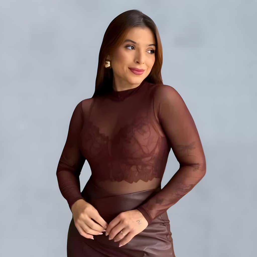 Body Transparente Plus Size De Tule Manga Longa Balada