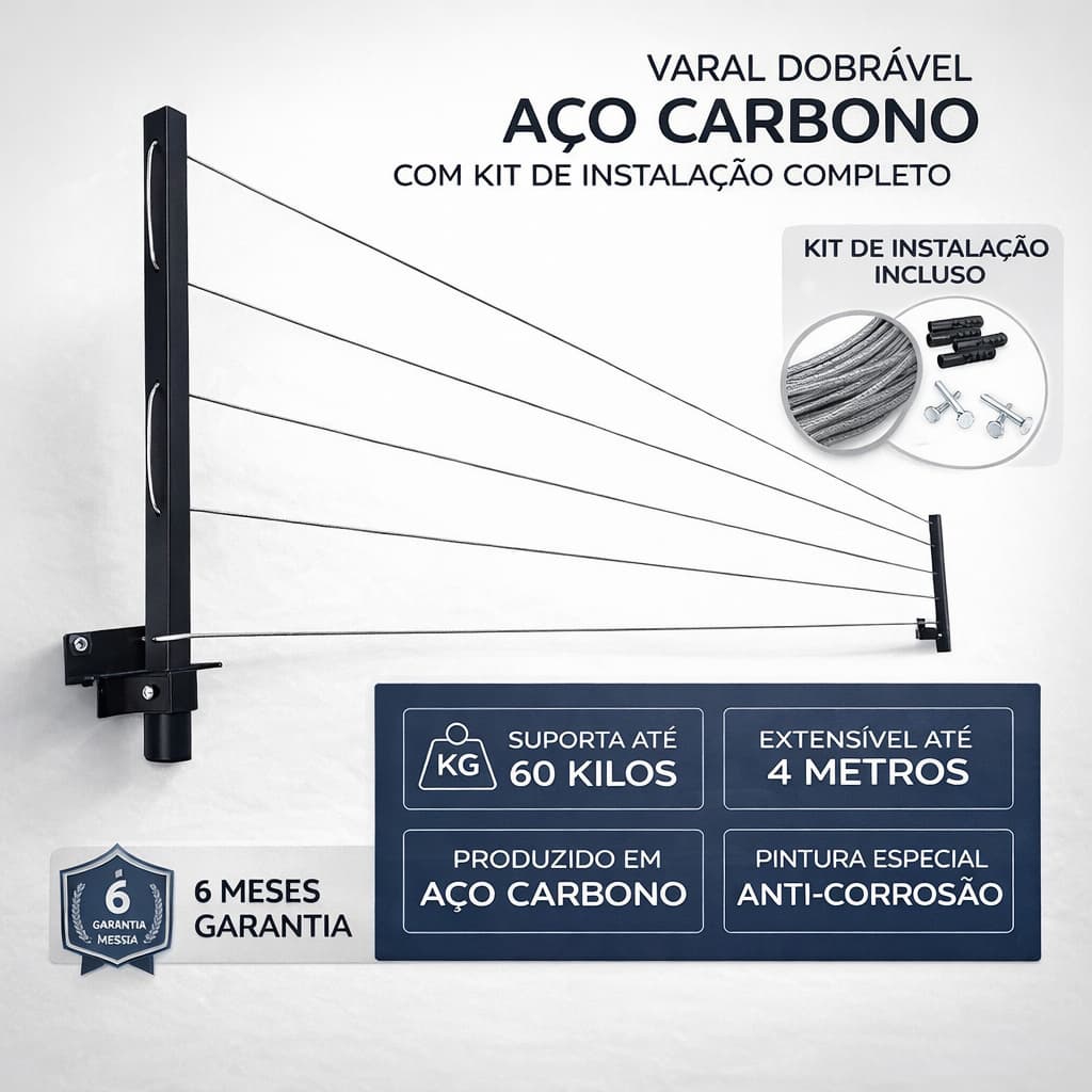 Varal Retrátil Dobrável De Parede em Aço Encapado Suporte Resistente Secar roupas - ENVIO IMEDIATO