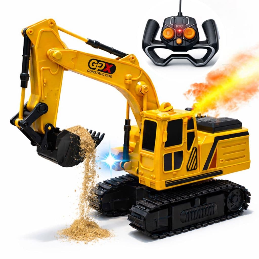 Brinquedo Escavadeira de Controle Remoto Solta Fumaça Com Luzes Maquina Infantil Brinquedo Educativo