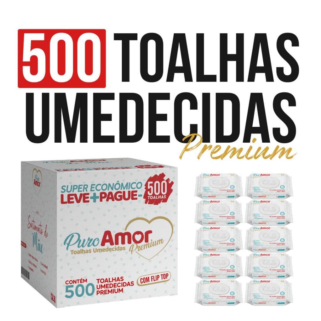 Box Puro Amor Premium com 500 Lenços/Toalhas Umedecidas - Tampa FlipTop