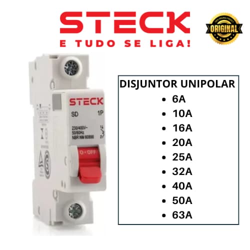 Disjuntor STECK Unipolar Monopolar 6A |10A | 16A | 20A | 25A | 32A | 40A | 50A | 63A STECK