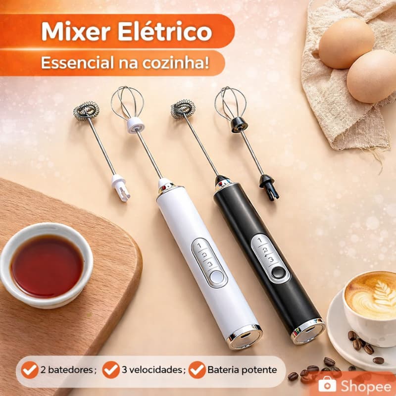 Mixer Elétrico 2 em 1 para Bebidas, Leite, Café e Clara de Ovo -Batedor Misturador Prático e Rápido