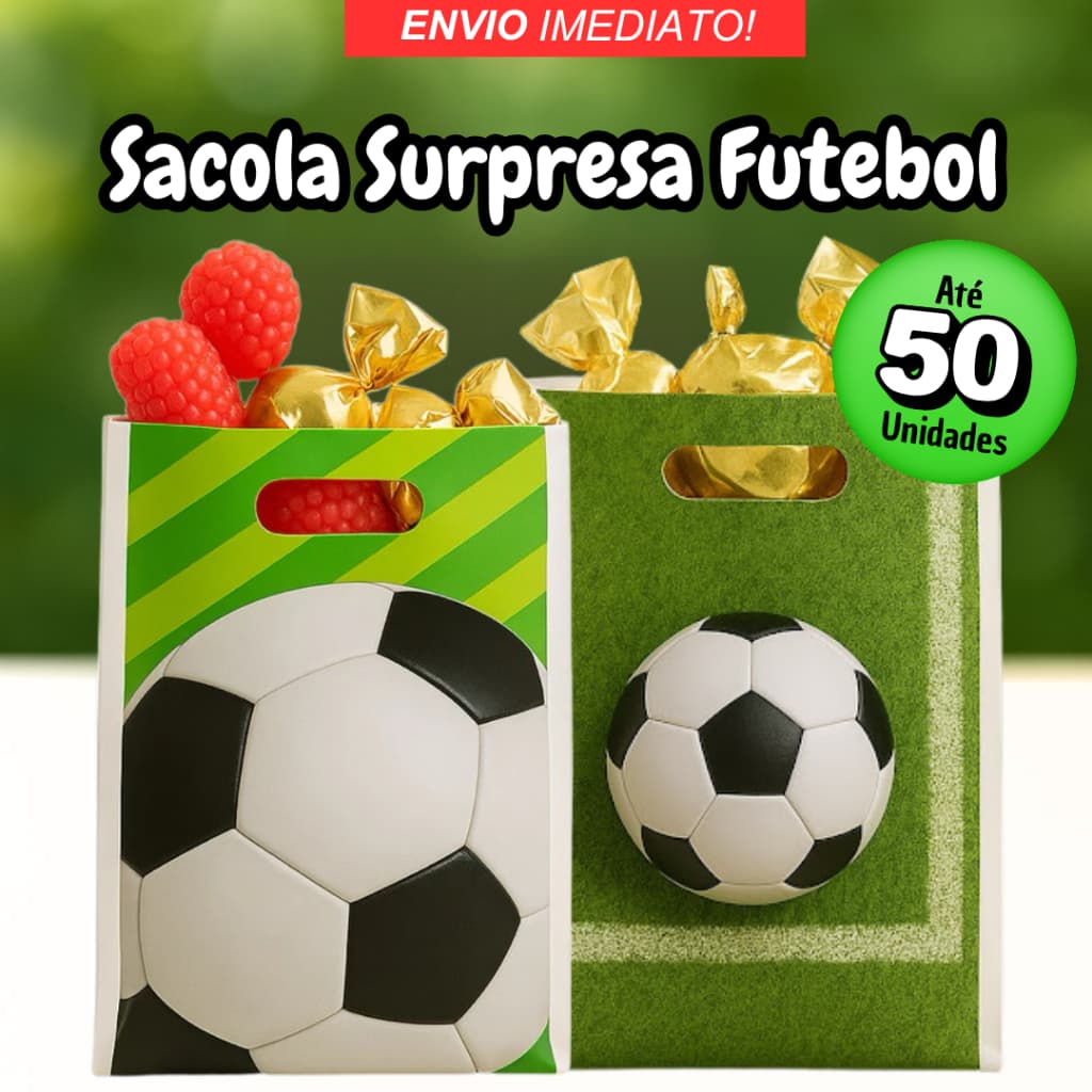 Kit até 50 Sacolas Surpresa Futebol 25x17cm Lembrancinha Festa Infantil Craque Alça Boca Palhaço
