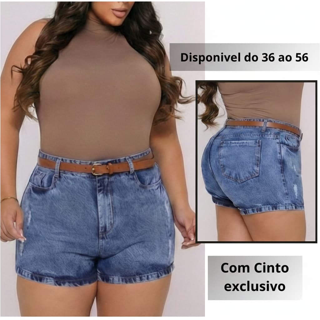 Short Plus Size Jeans Feminino Cintura Alta Com Cinto 100% Algodão