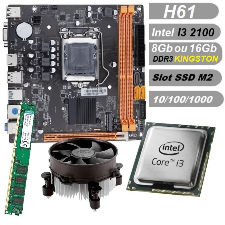 Kit UPGrade i3-2100 Memória 8GB ou 16GB DDR3 Placa Mãe H61 Slot SSD M2 gamer lga 1155