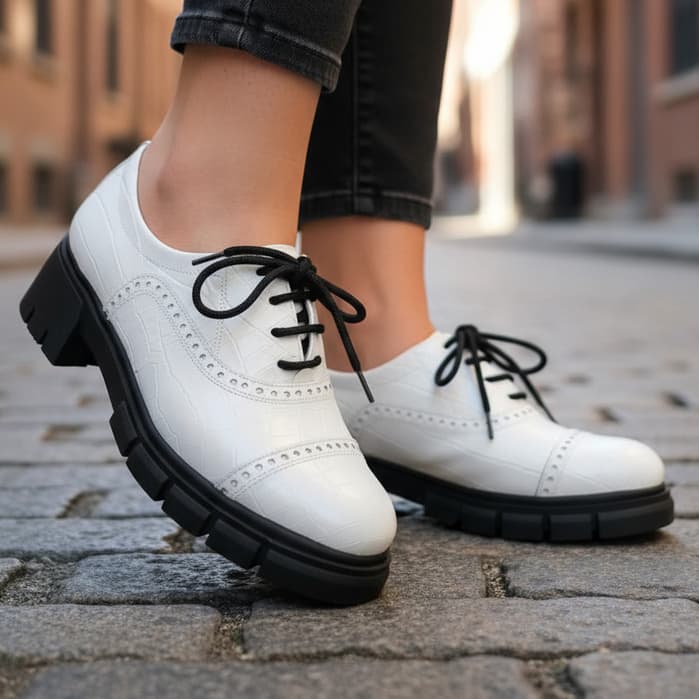 Sapato Feminino Oxford Em Couro De Boi Estampado Branco