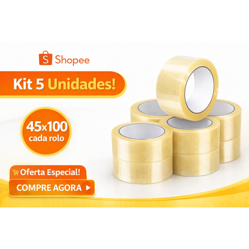 Fitas Transparentes Durex 45X100MT Kit com 5 Rolos Embalagem