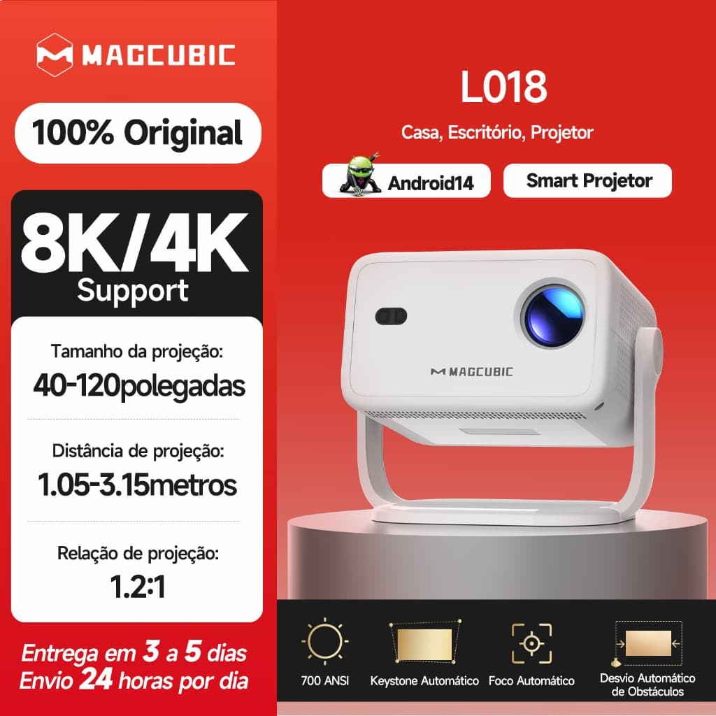MAGCUBIC Projector L018 700ANSI Foco Automático Android 14 8K/4K Wi-Fi6 Com Bluetooth Projeção De Parede Doméstica
