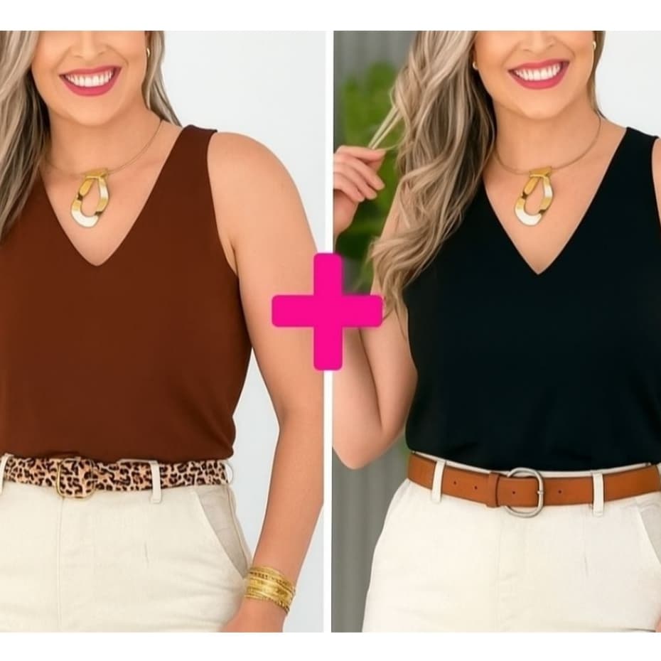 kit 2 Blusa Regata Feminina Duna Gola V Lisa Elegante Casual Verão 2026 Tecido Confortável Tendencia