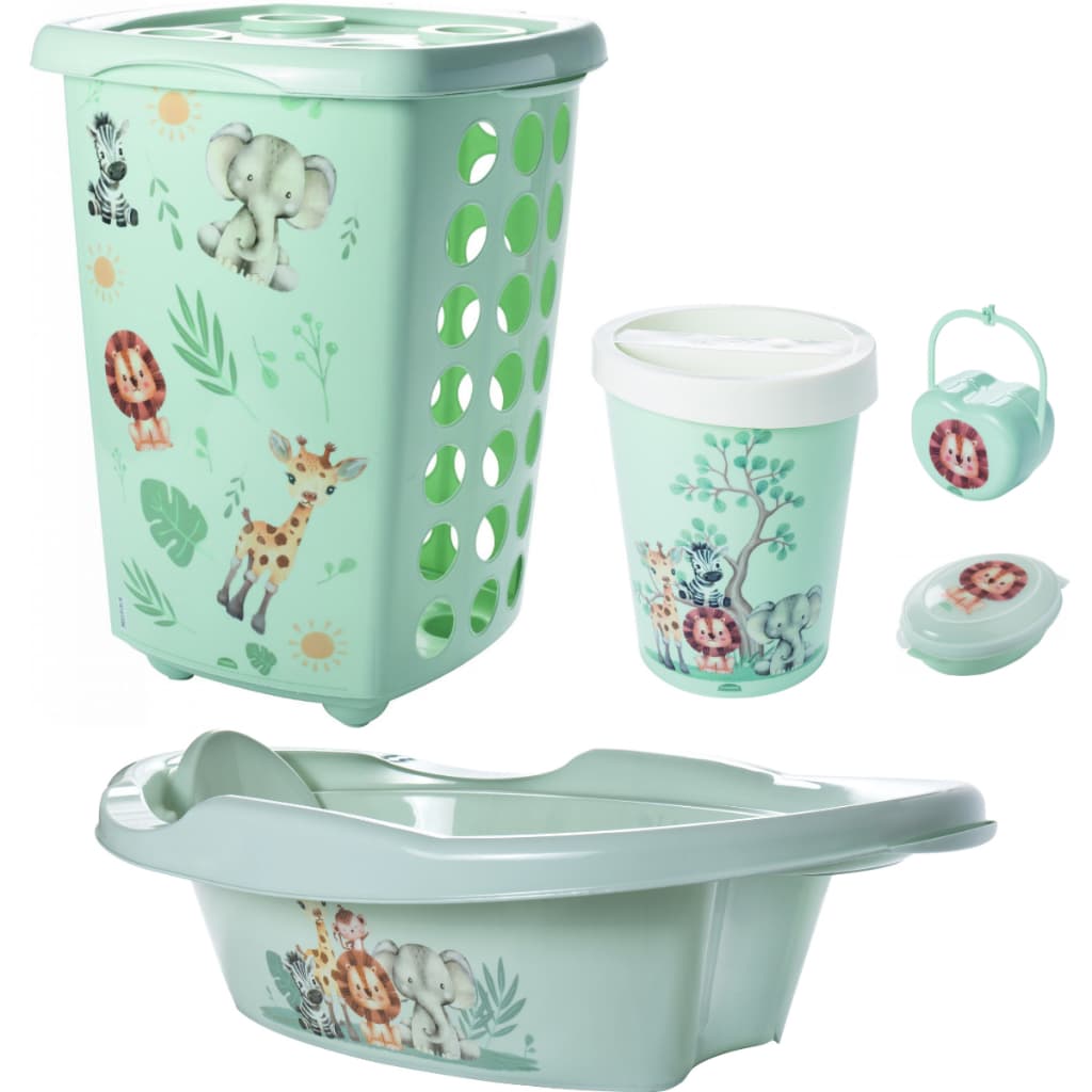 Kit Cesto de Roupa 38L, Banheira 21L, Lixeira 5,5L, Saboneteira e Porta Chupeta Para Bebês SAFARI