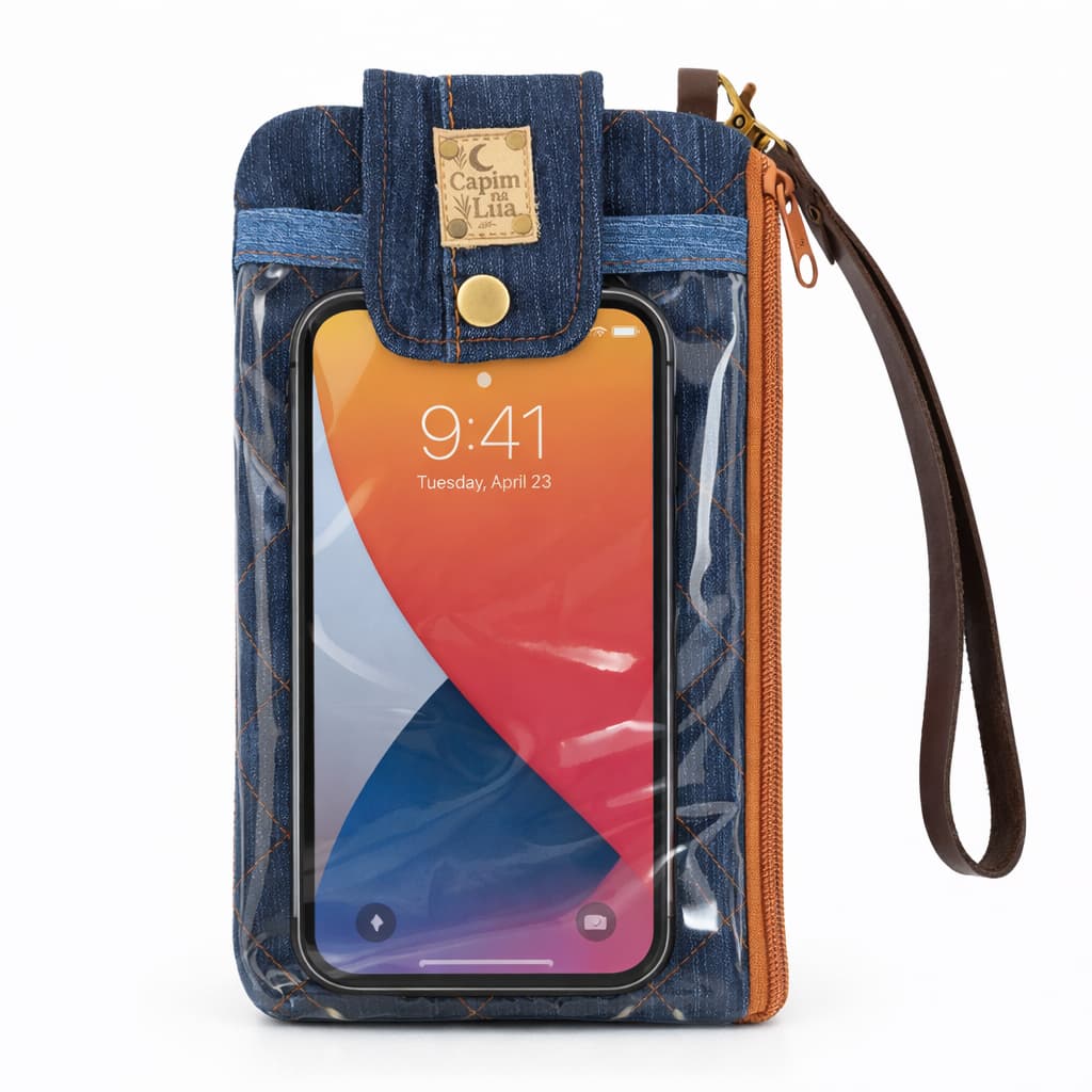 Carteira porta celular  jeans- com visor cristal e alça de mão removível