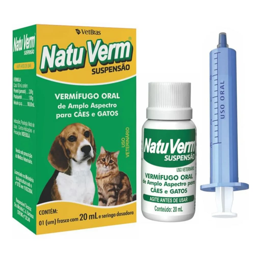 Vermífugo NatuVerm Suspensão 20ml para Cães e Gatos Kit ate 4 Unidades