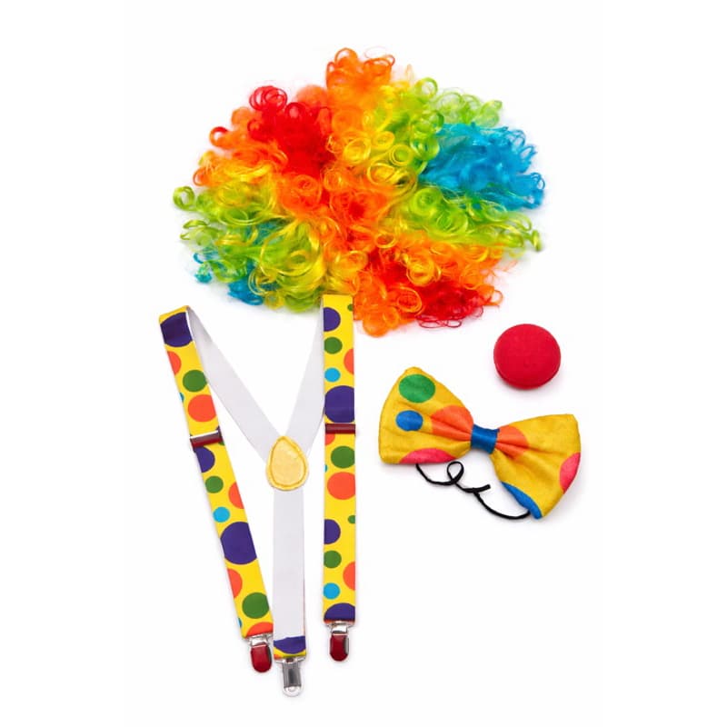 Kit Palhaço Peruca + Suspensorio + Gravata + Nariz festas fantasia carnaval cosplay circo animador
