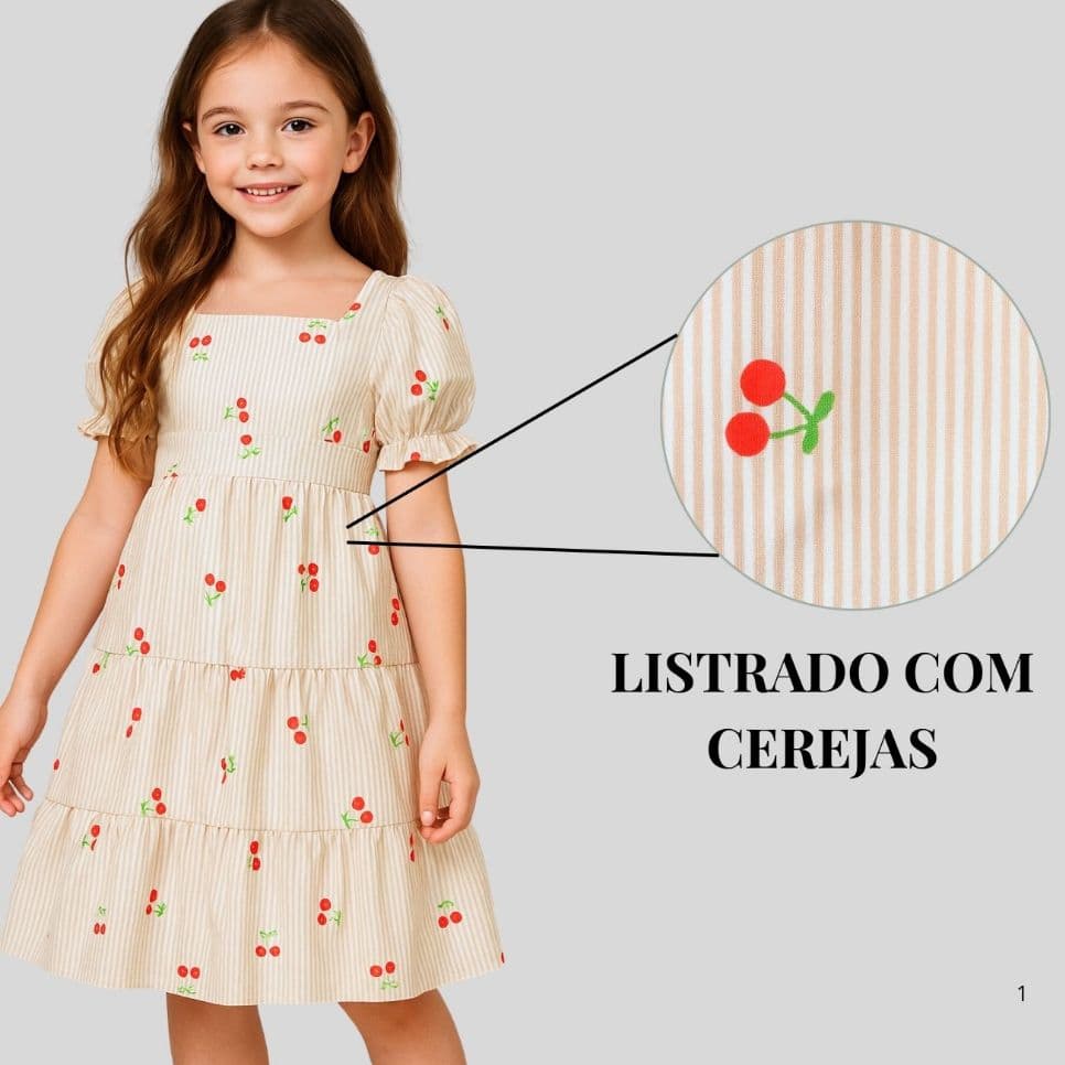 Vestido Infantil e Juvenil menina listrado com cereja verão ( 2 ao16 anos )