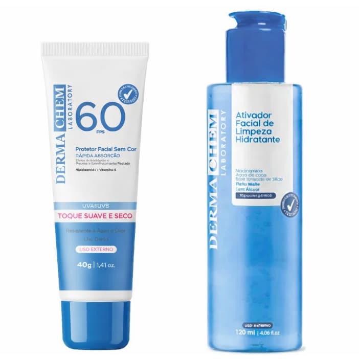 Kit Limpeza e Proteção - Protetor Solar Facial FPS60 Ativador Facial de Limpeza Hidratante Dermachem