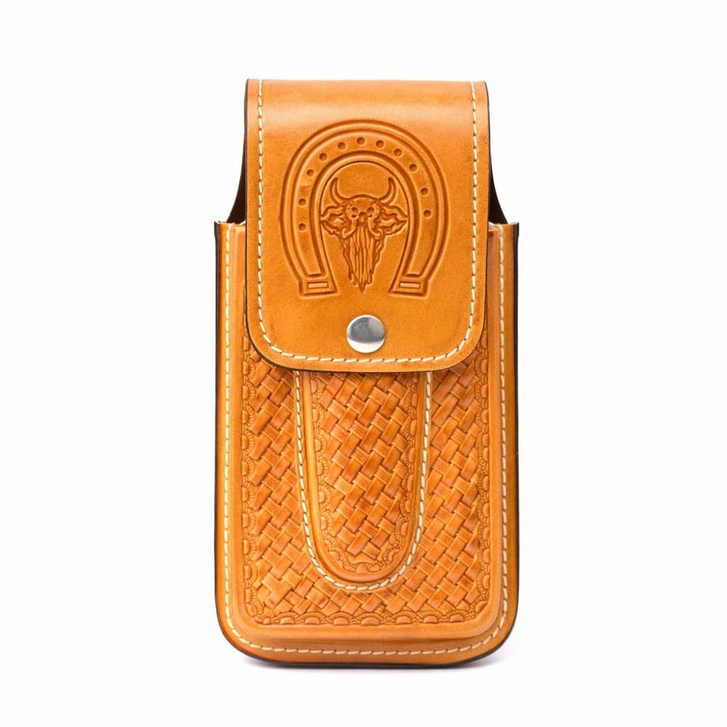 Bainha Porta Celular e Canivete Capinha Dura Canguru Conjugada Couro Legítimo Cor Pinhão.