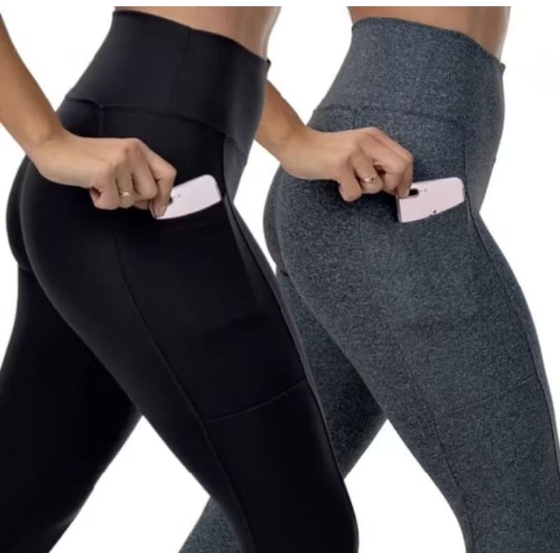2 Calças Legging com Bolso Lateral Suplex Cós Alto Largo Academia Crossfit Verão