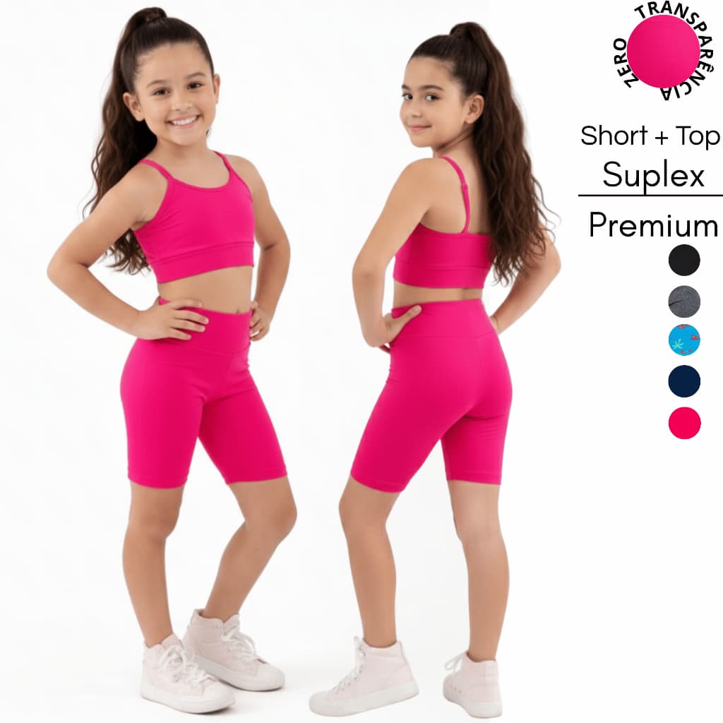 Conjunto Fitness Infantil Short  + Top Alcinha Suplex Ginástica Esportes Para Meninas