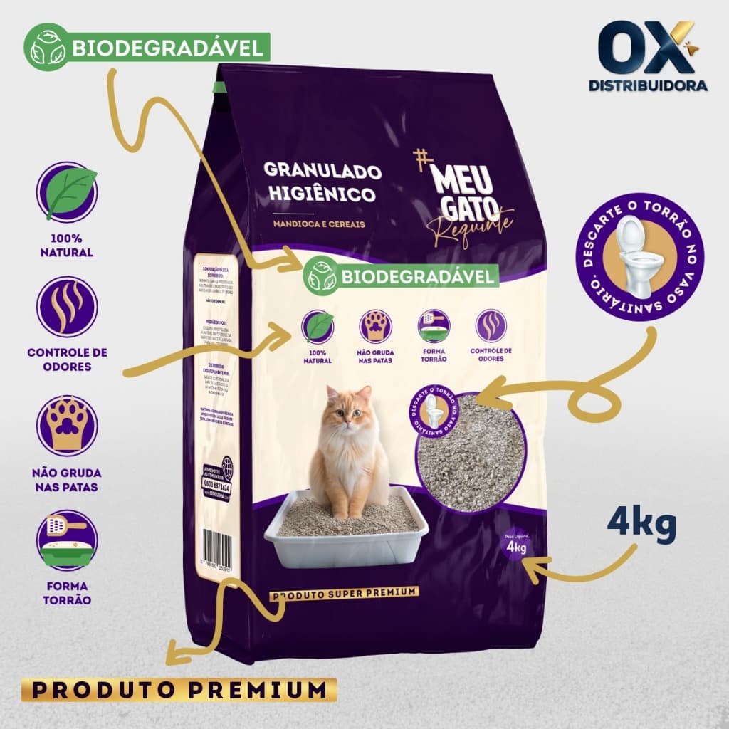 Areia Granulado Higiênico Para Gato (Mandioca e Cereais) Biodegradável 4kg Meu Gato Requinte
