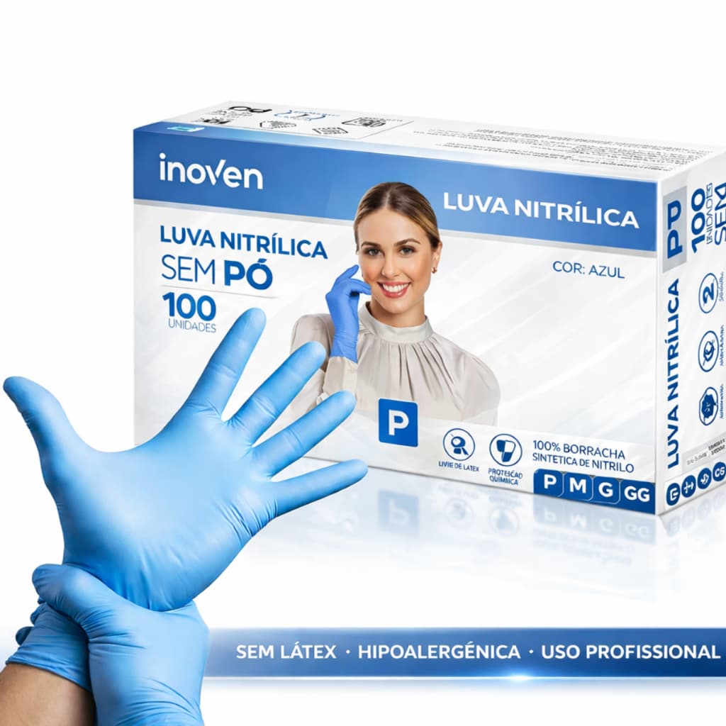 Luva Nitrílica Azul Sem Pó Inoven x 100 P M G GG