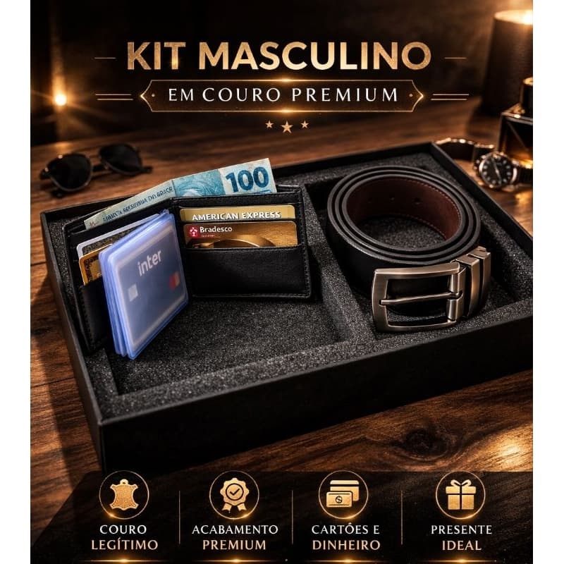 Kit Carteira Masculina Couro Genuíno Original Masculino + Cinto Em Couro Dupla Face Original Resistente