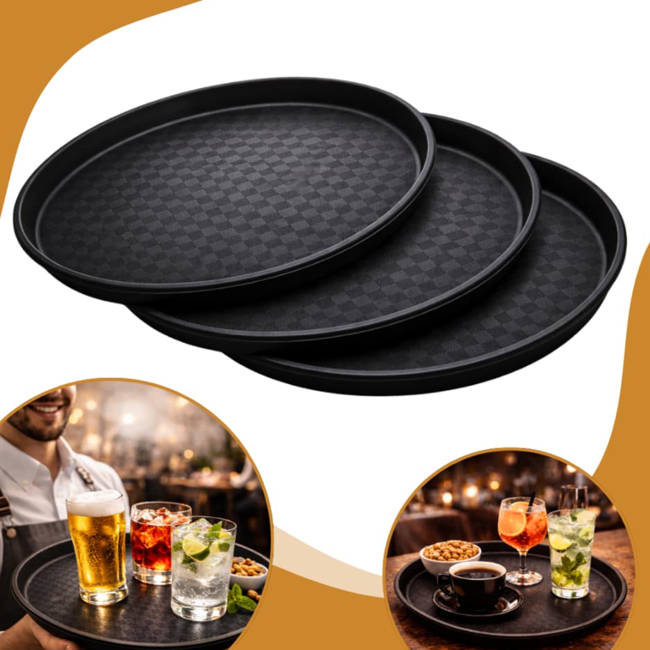 Kit 1/3 Bandejas Garçom Antiderapante 30cm Redonda Para Servir Pratos Drink Bar Restaurante