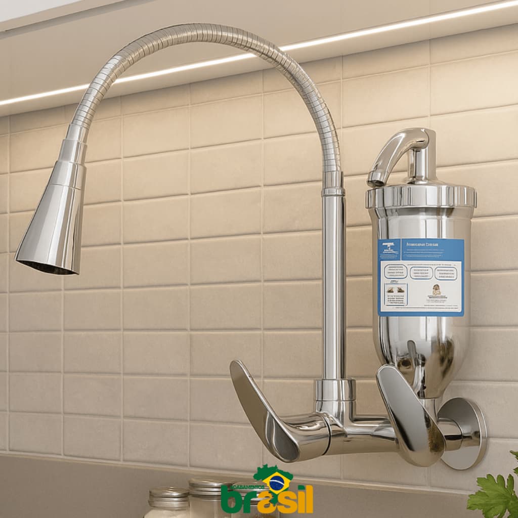 Torneira Gourmet Parede com Filtro Carvão Ativado 1/4 Volta Inox Flexível Duplo Jato cozinha cromado