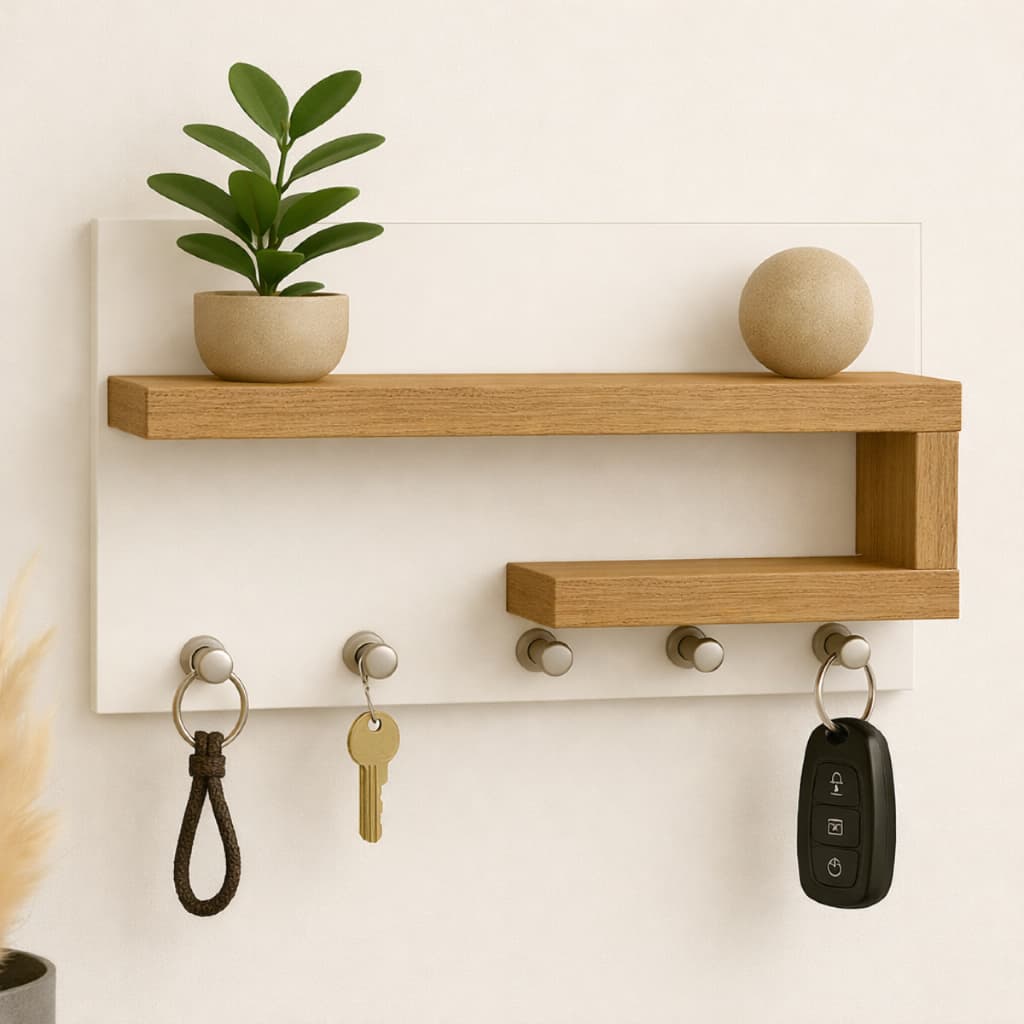 Porta Chaves Organizador com Prateleira decorativa – Design Moderno em MDF Branco e amadeirado